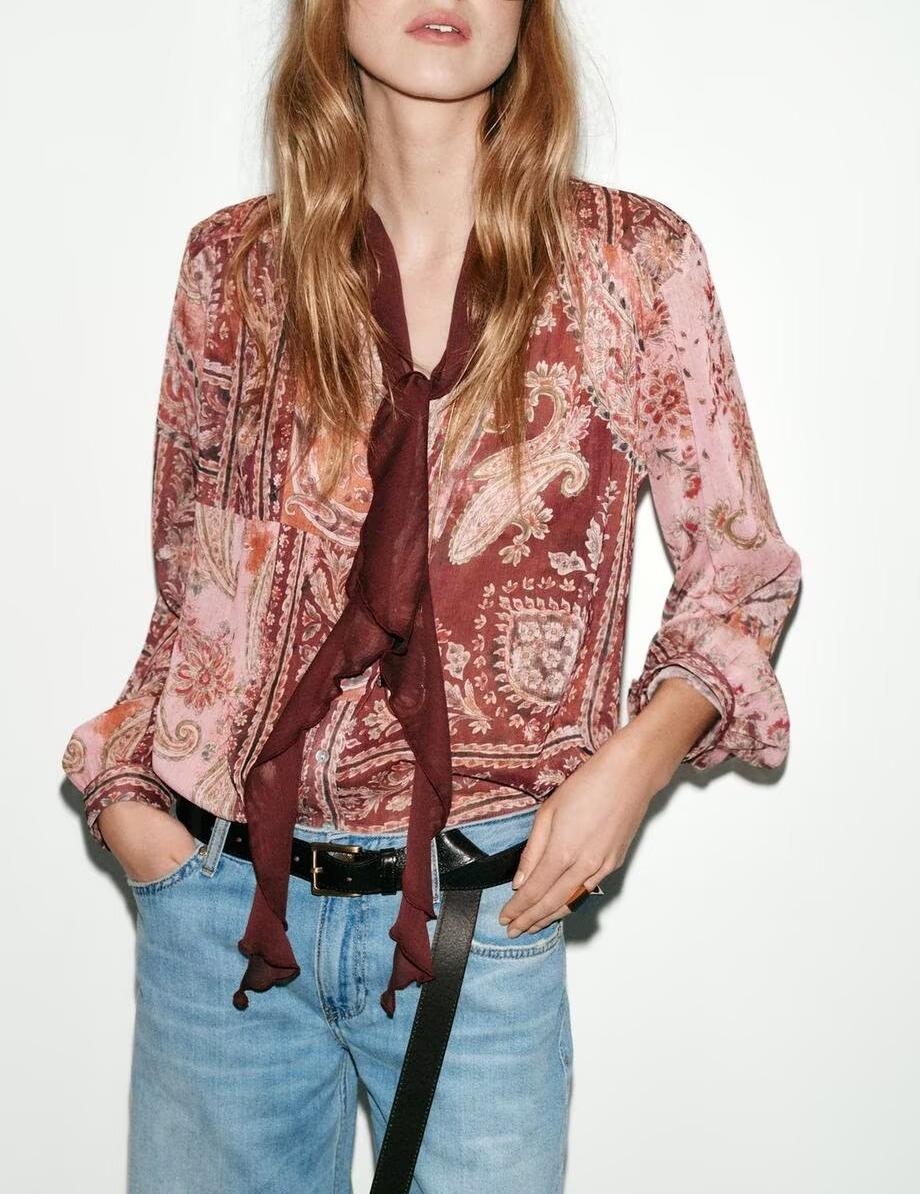 Women Vintage Printed Single Breasted Bow Long Sleeve Shirt