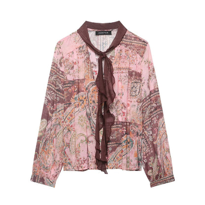Women Vintage Printed Single Breasted Bow Long Sleeve Shirt