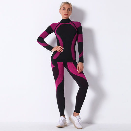 Seamless Knitted Striped Sports Yoga Long Sleeve Workout Suit