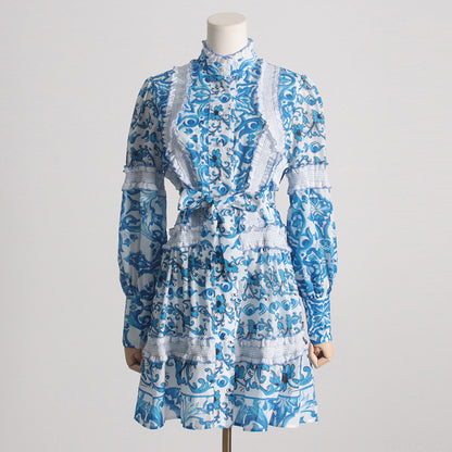 Short Dress Stand-up Collar  Lace up