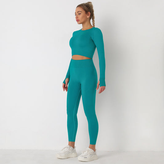 Knitted Solid Color Seamless Long-Sleeved Yoga Two-Piece Set