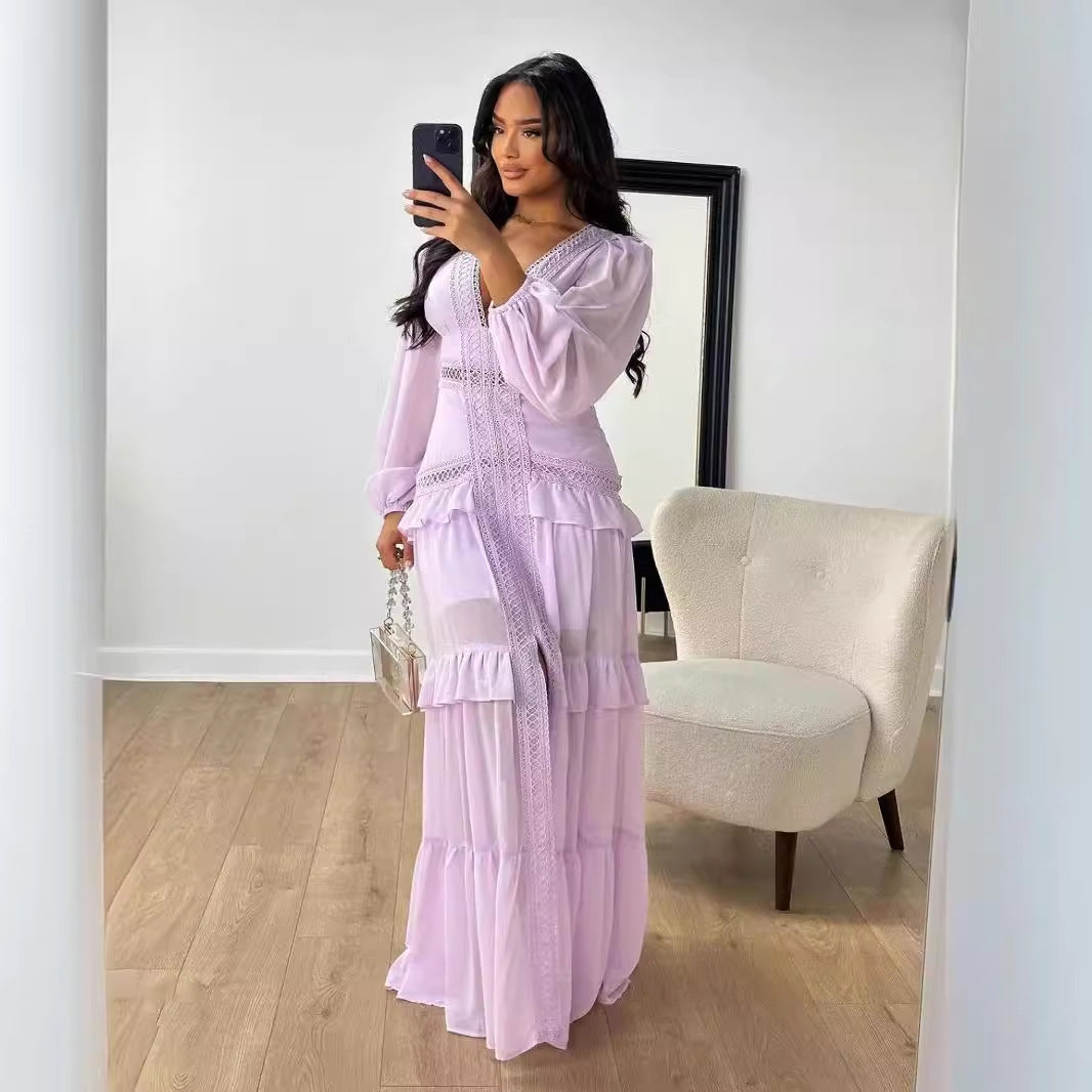 Stitching Long Sleeve V Neck Dress