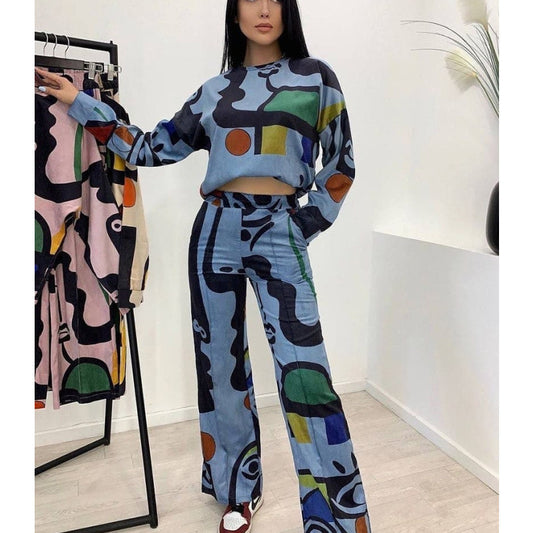 Printed Graffiti Two Piece Set   Straight Leg