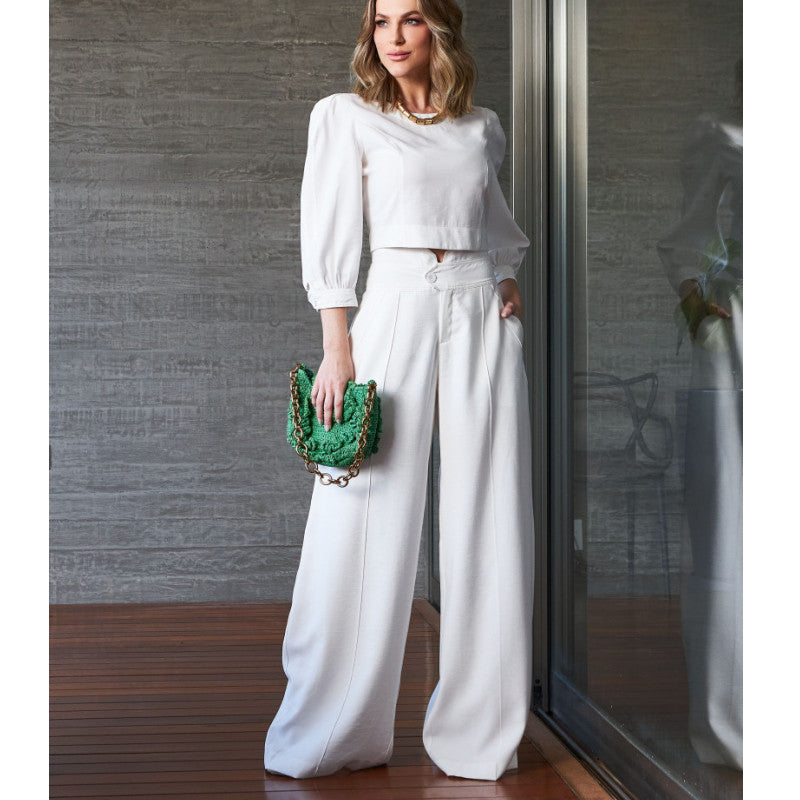 Long-Sleeved Top High Waist Wide Leg Pants Two Piece Set