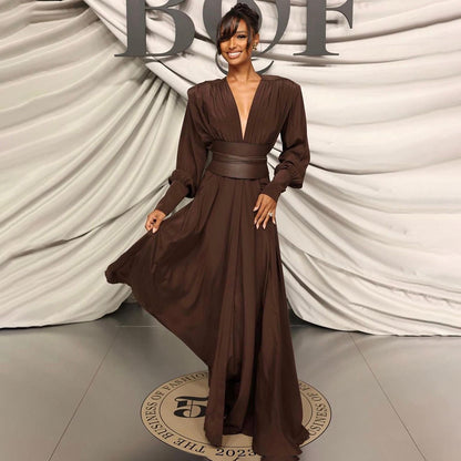 Chocolate Brown Pleated Waist Dress
