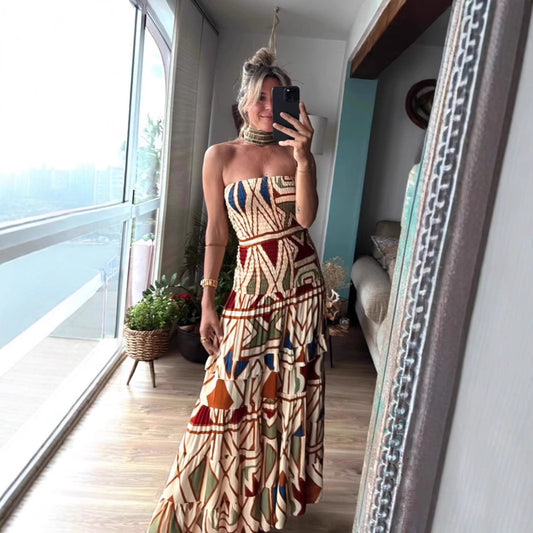 Retro Boho High Waist Printing Slip Dress