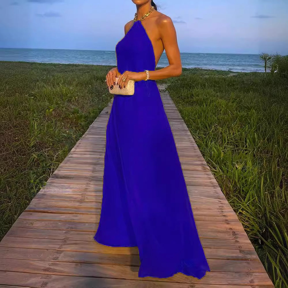Solid Color Halter Large Swing Backless Mop Maxi Dress
