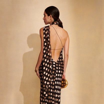 Stylish polka dot split maxi dress with slim fit design

