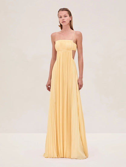 Yellow Slim fit sleeveless cami dress with backless design and zipper closure
