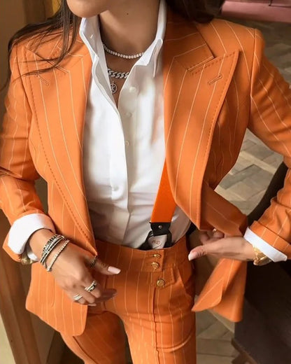 Ladies Blazers Polo Collar Long Sleeve Striped Solid Color Two Piece Sets
