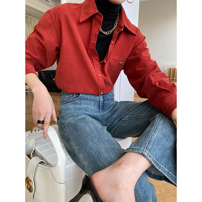 "Chic Corduroy Shirt Dress with Gold Buckle and Bandage Detail"