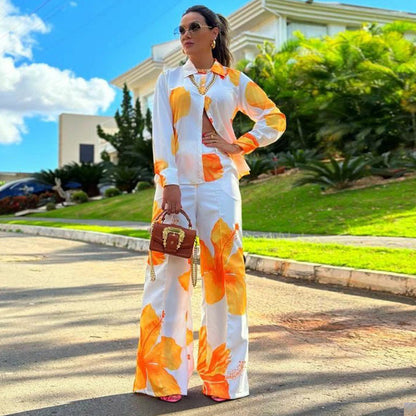 "Women’s Printed Shirt & Wide Leg Pants Two-Piece Suit"