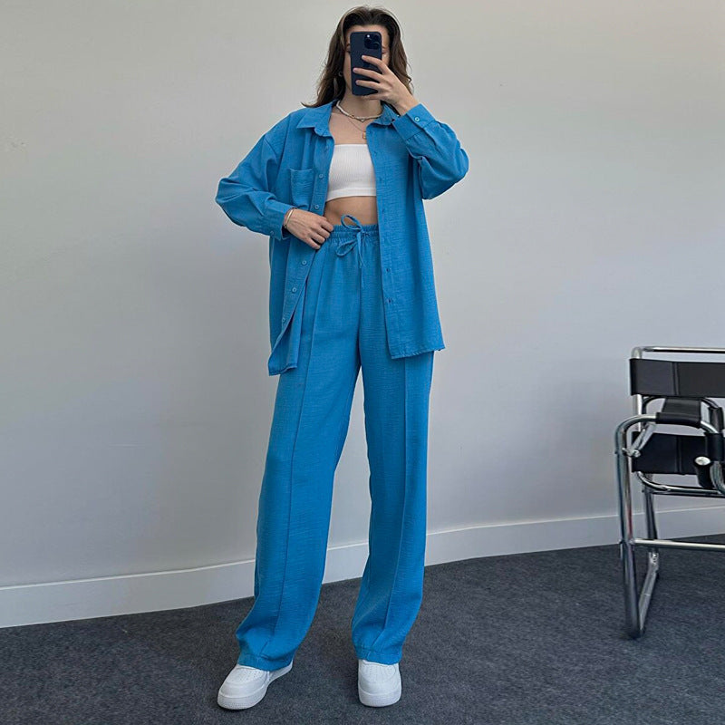 "Elegant Two-Piece Suit: Long Sleeve Shirt & Pleated Pants Set"