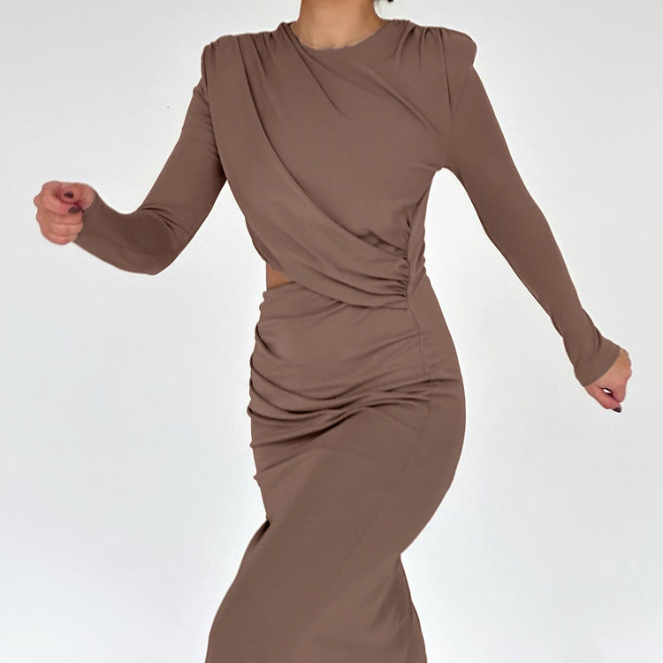 "Hip Slim Pleated Dress with Split & Hollow Out"