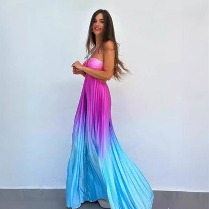 Summer Gradient Color Halter Pleated Long Dress