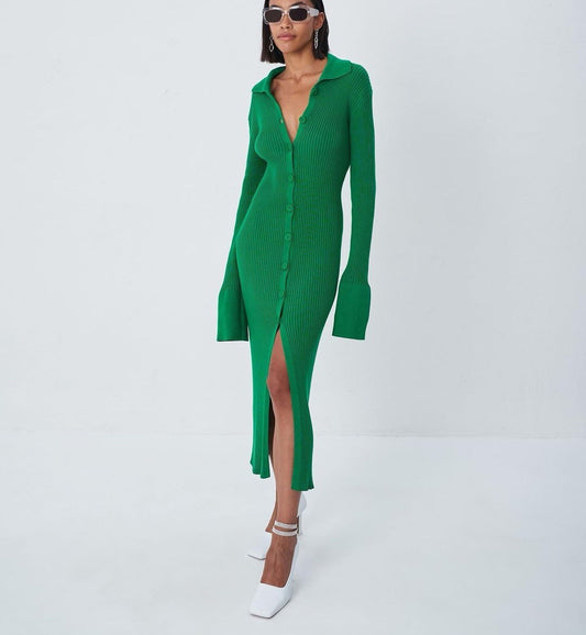 Long Sleeve V-neck  Button Bell Sleeve Sweater Dress