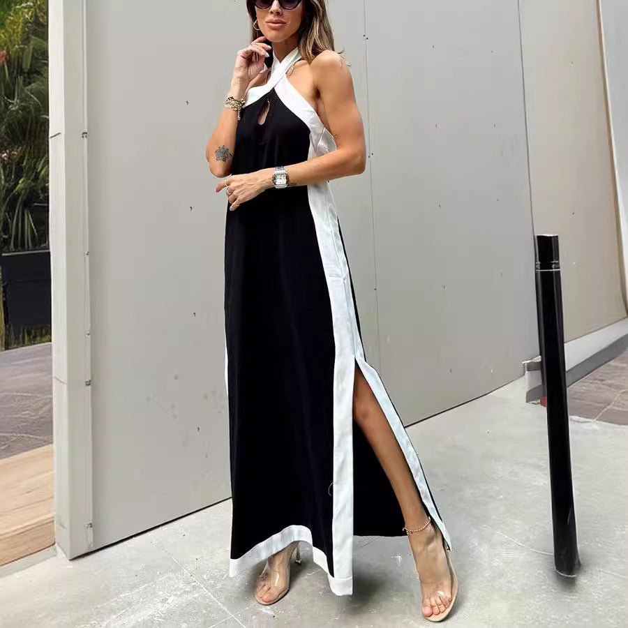 Summer Cotton Linen Backless Halter Split Dress