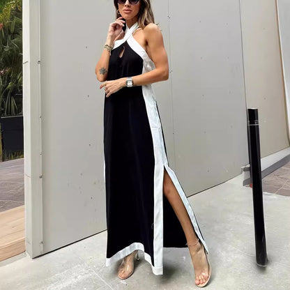 Summer Cotton Linen Backless Halter Split Dress