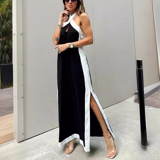 Summer Cotton Linen Backless Halter Split Dress