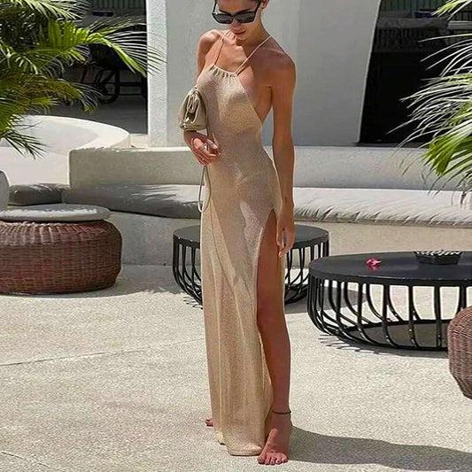 High Slit Sling  Back Knitted  Beach Dress