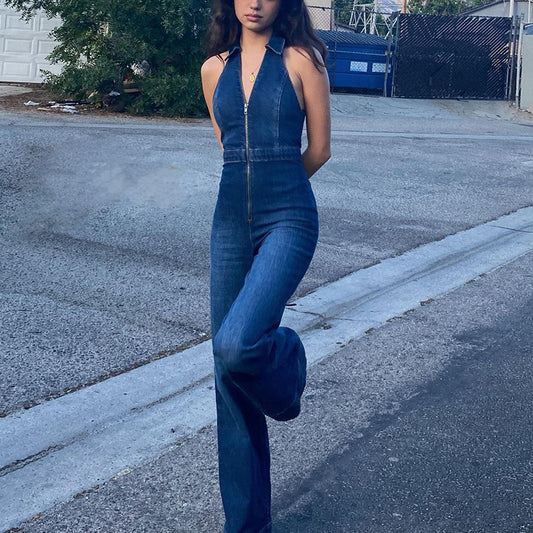 Zipper Sleeveless V-neck High Waist Retro Denim Jumpsuit