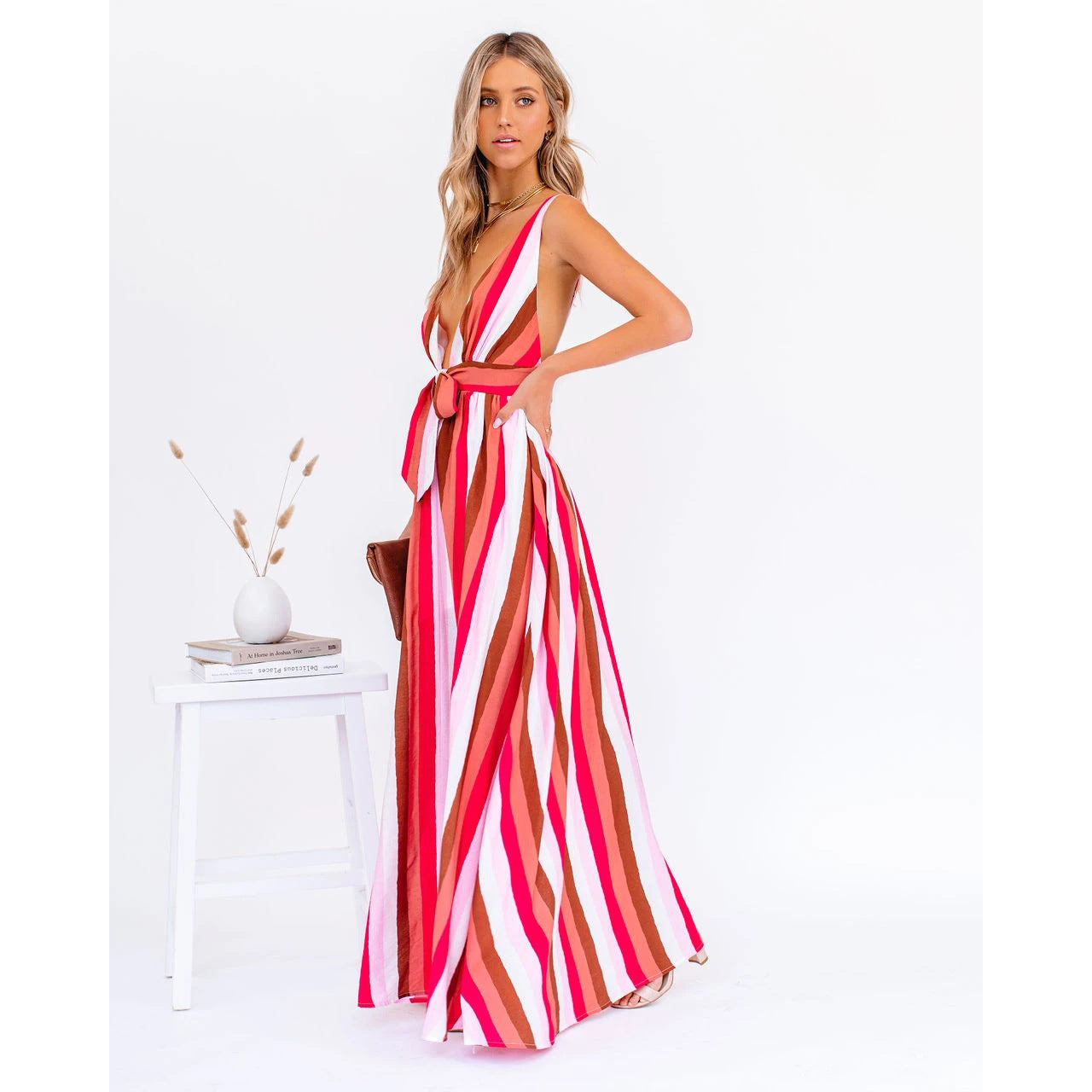 Deep V Plunge Striped Casual Dress  Loose