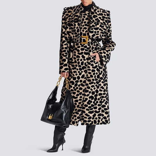 Winter Belted Leopard Jacquard Long Trench Coat