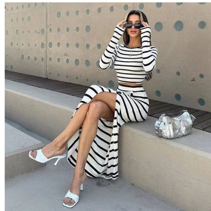 Black White Stripes Long Sleeve Short Top Button Skirt Set