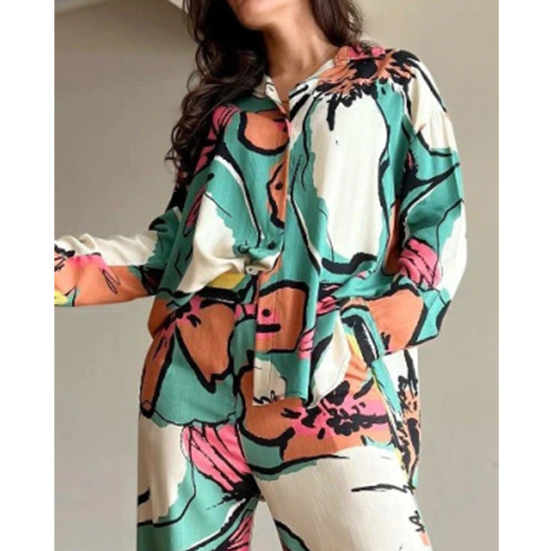 Printed  High Waist Wide Leg Pants Set