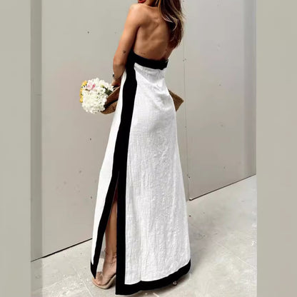 Summer Cotton Linen Backless Halter Split Dress