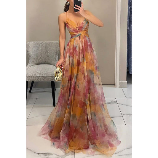 Mesh Printing Slip Party  Dress