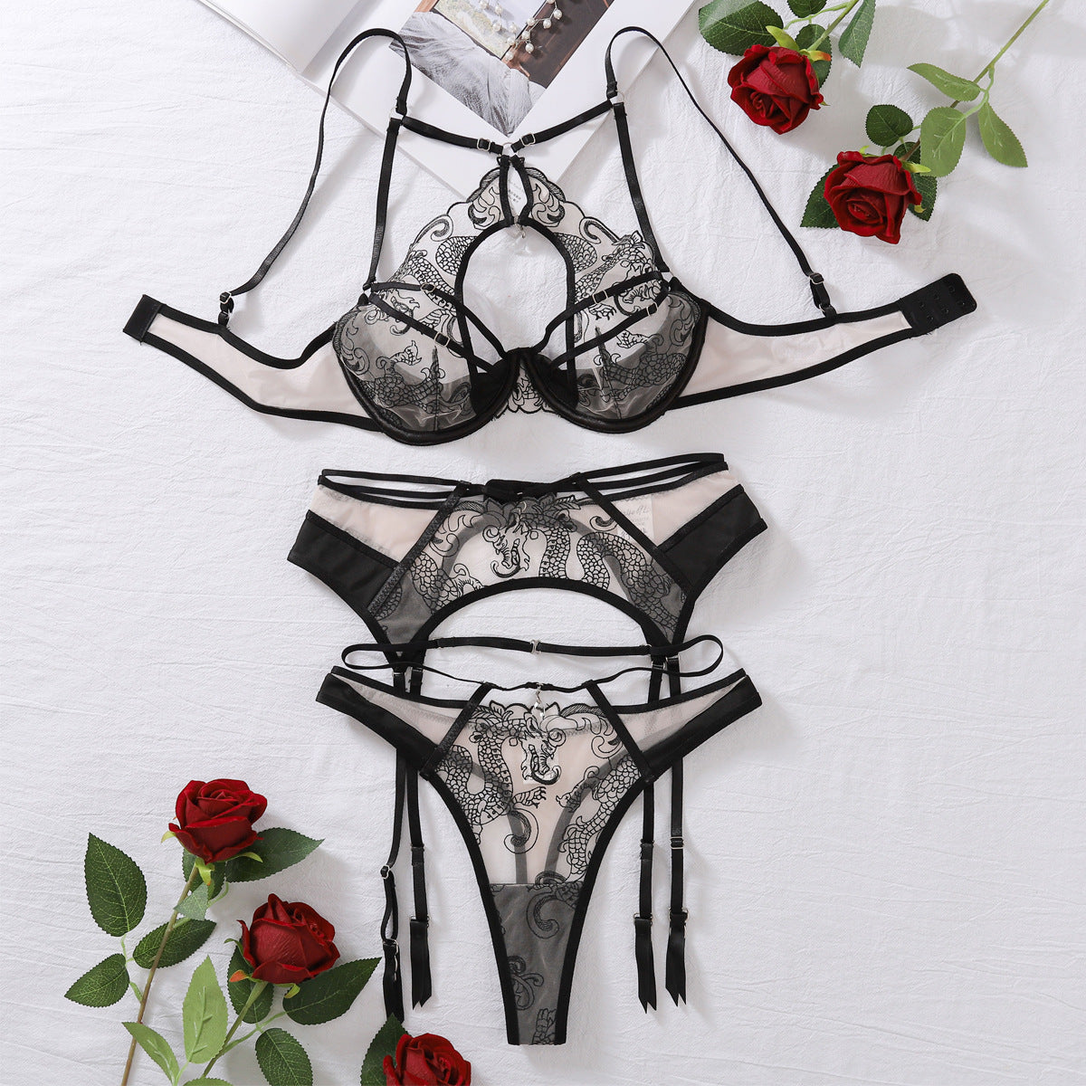 Hollow Cutout  Underwear Three Piece Set