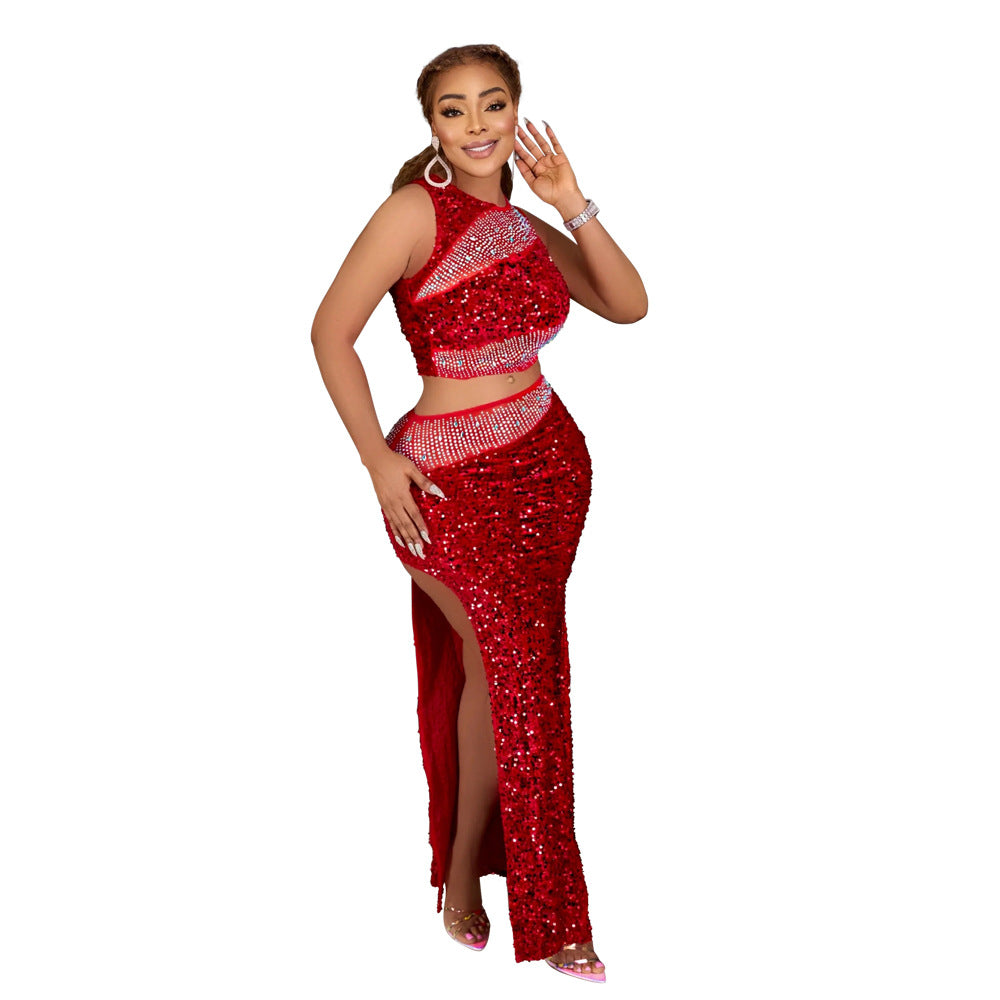 "Rhinestone Sequin Top & High Slit Skirt Set"