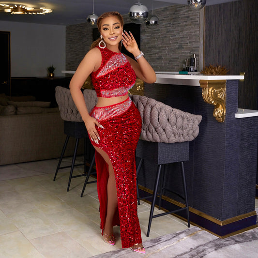 "Rhinestone Sequin Top & High Slit Skirt Set"