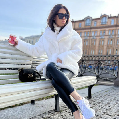 Imitation Rabbit Collared Thickening Warm Coat with Belt