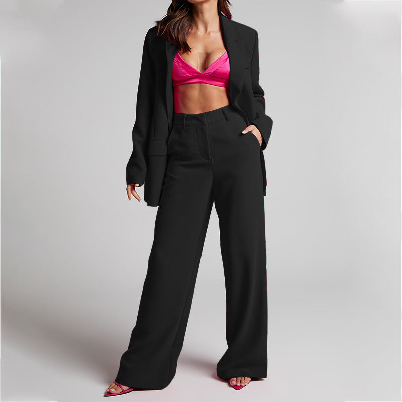 Collared Long Sleeve High Waist Trousers Two Piece Set