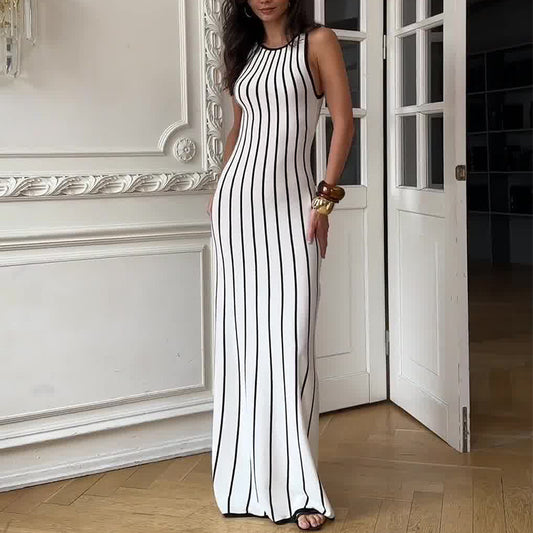 Vintage Stripe Stitching Contrast Color Knitted Long Dress