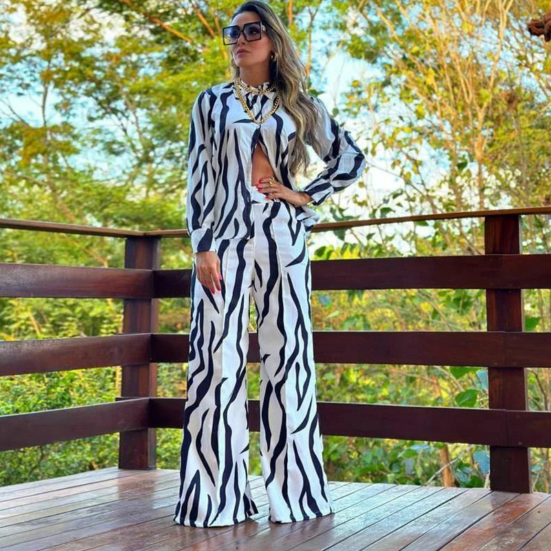 "Women’s Printed Shirt & Wide Leg Pants Two-Piece Suit"