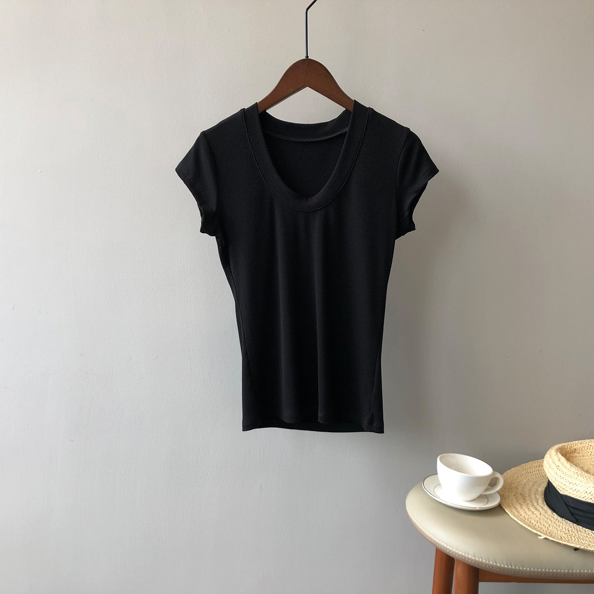 Women Solid Stretch T shirt  U Collar