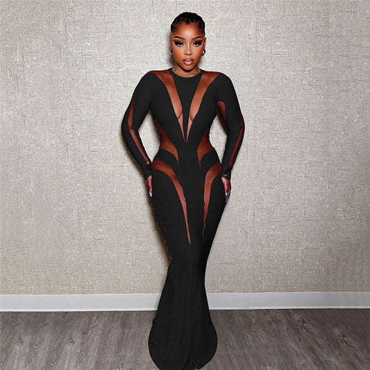 Mesh Stitching Solid Color Elegant Slim Fit Dress