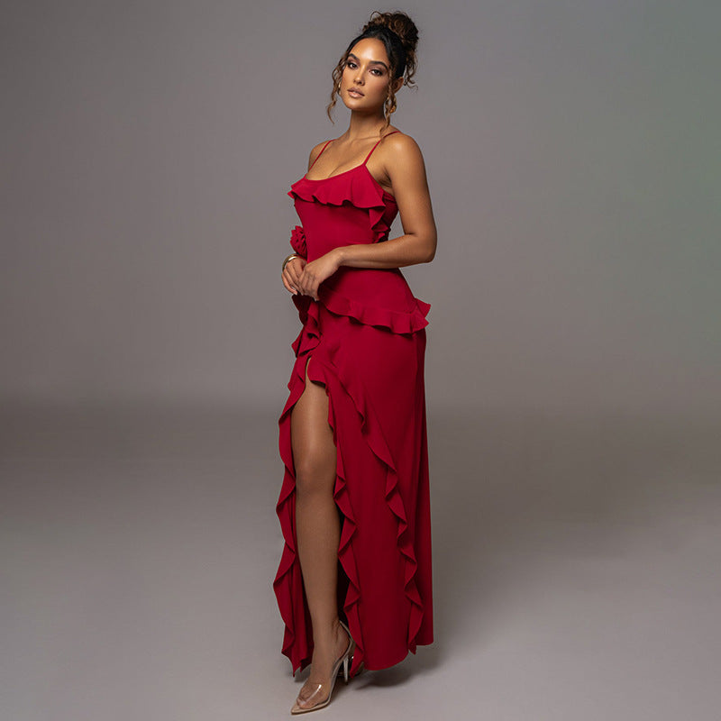 Solid Color Backless Slit Splicing Sling Maxi Dress