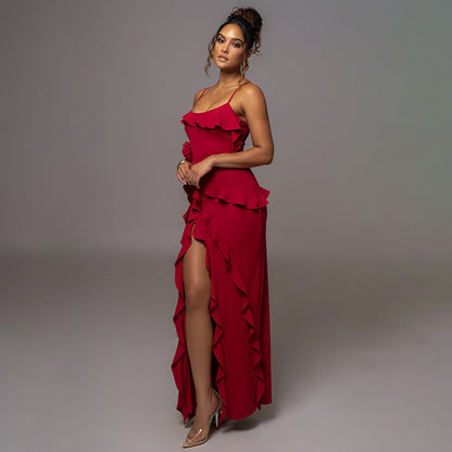 Solid Color Backless Slit Splicing Sling Maxi Dress
