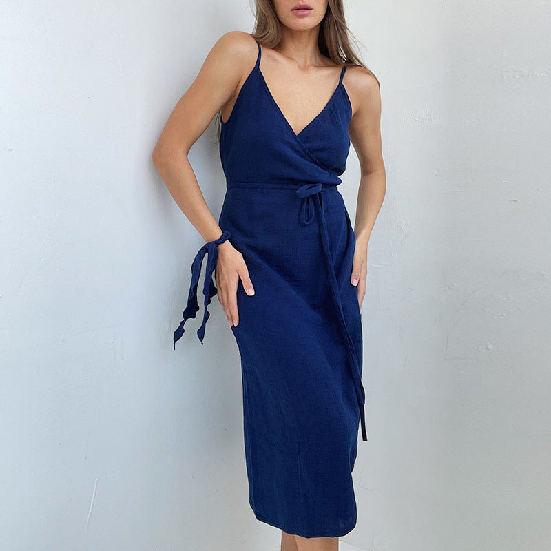 "French Placket Backless Slit Dress"