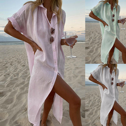 Solid Color Casual Long Sleeves Mid Length Cotton Linen Shirt Dress