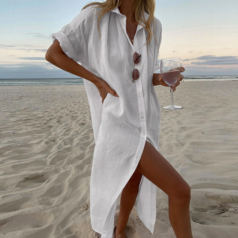 Solid Color Casual Long Sleeves Mid Length Cotton Linen Shirt Dress