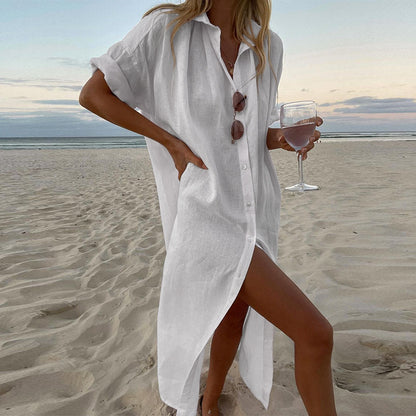 Solid Color Casual Long Sleeves Mid Length Cotton Linen Shirt Dress
