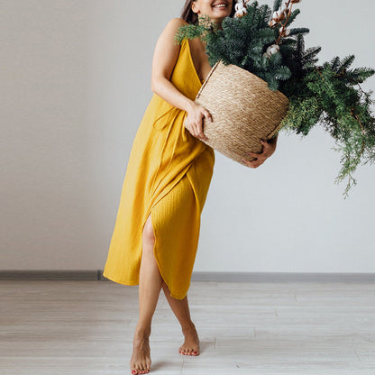 "French Placket Backless Slit Dress"