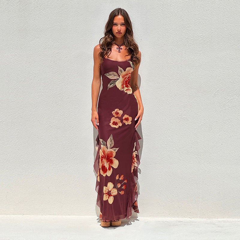 Backless spaghetti strap floral bodycon maxi dress for summer parties
