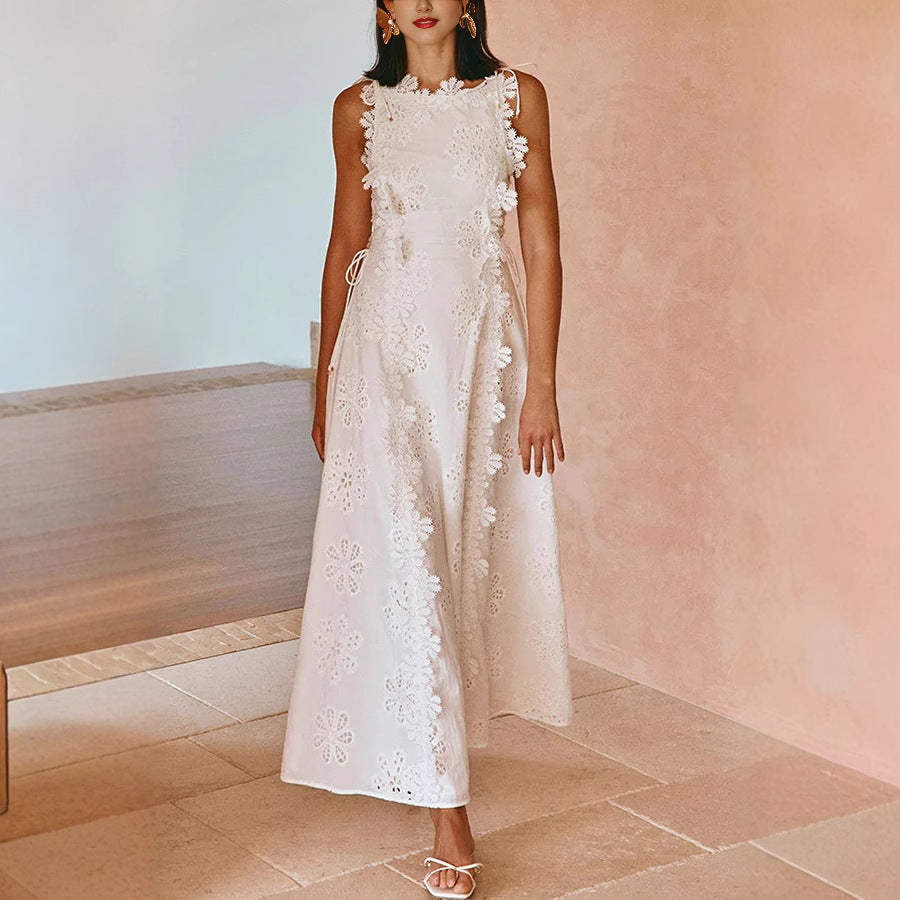 **"White slim fit maxi dress with spaghetti straps and front view"