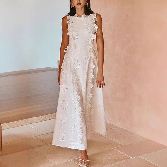 **"White slim fit maxi dress with spaghetti straps and front view"
